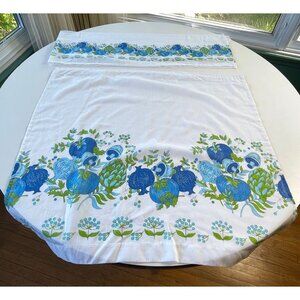 Vintage 70s cafe curtains, white green blue veggie prints, set 1 panel 1 valance
